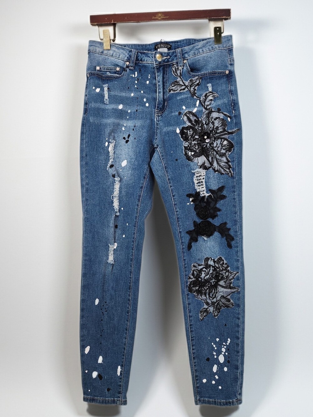 VENUS Lace Sequin Paint Distessed Embellished Skinny Jeans Size 12/28